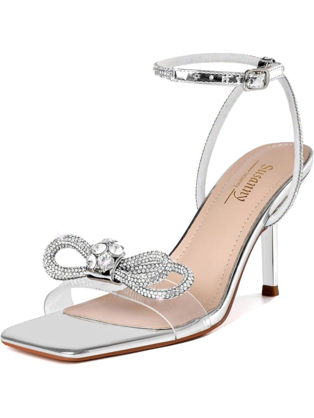 Women's Silver Closed Toe Rhinestone Low Slingback Shoes Kitten Heels